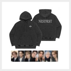 the hoodie is black with white writing on it and two photos of people behind it