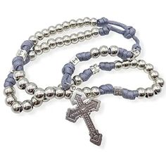 Silver Paracord Rosary Necklace Strong Stainless Steel Durable Paracord Rosary, 8.00 mm silver tone Beads knotted with extremely strong grey cord, combined with metal 1.7" Pardon Cross and square cross beads that are made of zinc alloy coated in ox silver, preventing corrosion and assure durability for years. Rosary Length: 52cm / 21", perfect length chain for wearing around the neck for adults. Total Rosary weight 100 gr / 0.11 lb. PLEASE NOTE: it's a heavy rosary mostly fit for men. Cross Size Adjustable Gray Metal Jewelry, Adjustable Gray Metal Necklace, Adjustable Cross Necklace With 8mm Beads, Adjustable Gray Necklace With Silver Beads, Adjustable Gray Jewelry With 8mm Beads, Adjustable Gray Spiritual Jewelry, Adjustable Spiritual Gray Jewelry, Silver Necklace With 8mm Beads And Adjustable Fit, Paracord Rosary