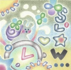 a colorful drawing with letters and numbers on it