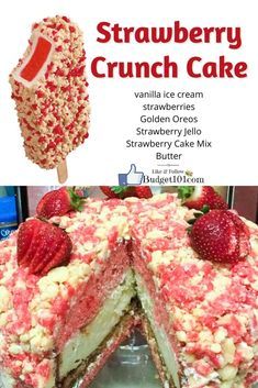 a strawberry crunch cake is cut in half and served on a stick with strawberries