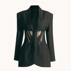 a women's black blazer jacket with sheer panels on the front and back