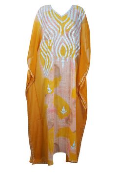 Womens Travel Kaftan Maxi Dress, Bohemian Orange Pink Caftan, Embroidered GEORGETTE Summer Resort Wear, Beach Dresses, Long Caftan L-4XL Yellow Chikankari Embroidery Kaftan, Festival Maxi Length Kaftan With Resham Embroidery, Maxi Length Kaftan With Resham Embroidery For Festivals, Festival Kaftan With Resham Embroidery In Maxi Length, Resham Embroidered Maxi Length Kaftan For Festivals, Yellow Bohemian Kaftan For Festive Occasions, Yellow Bohemian Kaftan For Festive Season, Eid Beach Tunic Maxi Dress, White Festive Maxi Dress For Beach