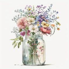 a jar filled with lots of flowers sitting on top of a table