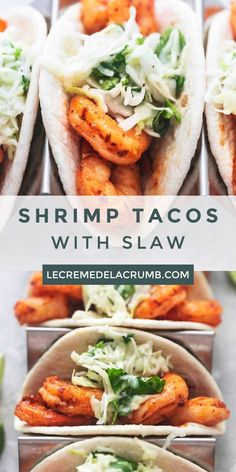 shrimp tacos with slaw are served on tortillas and lettuce