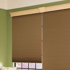 a living room with green walls and brown blinds