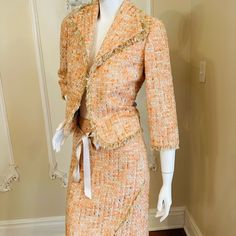 This Beautiful Dana Buchman Skirt Suit Features A Classic Houndstooth Pattern In A Multicolor Tweed Fabric. The Skirt And Blazer Set Includes 3/4 Sleeves With No Button Closure And A Regular Length Jacket. The Suit Is Perfect For Any Occasion, Whether It's A Wedding, Party, Or Formal Event. It Can Also Be Dressed Down For A Casual Look. The Garment Care For This Suit Is Dry Clean Only And It Is Made Of A Lightweight Blend Of Polyester, Nylon, Cotton, And Acrylic. The Jacket Lining Is Made Of Dou Jailbird Costume, Figure Suits, Wedding Skirt, Blazer Set, Houndstooth Pattern, Tweed Fabric, Scrub Pants, Skirt Suit, Piece Dress