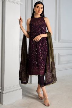 Purple Pakistani Dress with Delicate Embroidery 2022 Sleeveless Embroidered Party Dress, Embroidered Sleeveless Party Dress, Elegant Fitted Sleeveless Salwar Kameez, Elegant Semi-stitched Purple Embroidered Fabric, Elegant Purple Georgette Embroidered Fabric, Elegant Purple Embroidered Georgette Fabric, Elegant Purple Embroidered Fabric For Eid, Elegant Purple Salwar Kameez With Floral Embroidery, Elegant Sleeveless Salwar Kameez For Party