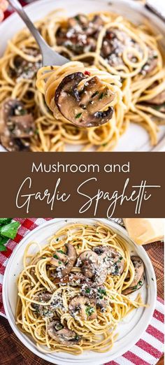 mushroom and garlic spaghetti in a white bowl