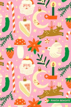 a pink christmas pattern with santa and other holiday items on it, including candles, candy cane