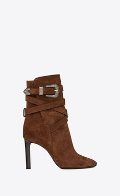 Luxury Suede Ankle Boot Heels, Ysl Bootie, Western Suede Mid-calf Boots With Stacked Heel, Luxury Brown Ankle-high Heeled Boots, Luxury Brown Ankle-high Moto Boots, Western Ankle Boots, Black Suede Boots, Buckle Boots, Shoes Leather