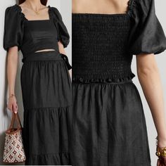 New With Tags Size: 14 100% Linen Smocked Back T Black Smocked Top For Vacation, Black Smocked Back Top For Vacation, Fitted Black Smocked Top For Vacation, Black Smocked Top For Day Out, Linen Crops, Stylish Pants, Tie Front Blouse, Faithfull The Brand, Lace Ruffle