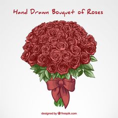 a bouquet of roses with a red bow on the end and text that reads hand drawn bouquet of roses