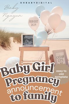 editable digital summer baby announcement beachside theme Pregnancy Announcement Summer, Baby Girl Pregnancy Announcement, Girl Pregnancy Announcement