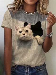 Short Sleeve Tops Casual, Aesthetic T Shirts, Shirts Women Fashion, Cat T, Cat Painting, Basic Tops, Casual Blouse, Cat Print, Cat Tshirt