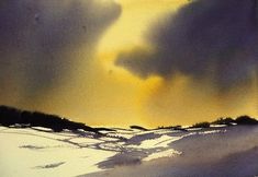 a painting of snow covered ground with trees in the distance and yellow sky behind it