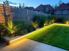 an outdoor garden with grass and lights