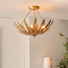 a chandelier hanging from the ceiling in a room with white walls and plants