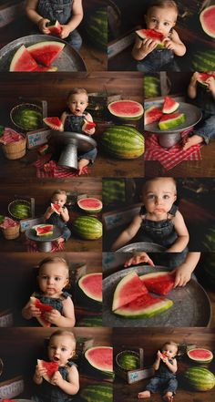 a baby eating watermelon while sitting in front of some other pieces of watermelon