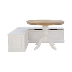 a white table with two drawers and a small round wooden table on one end, underneath it