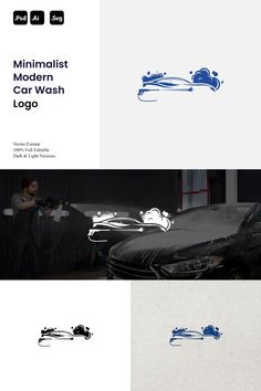 the logo for minimalist modern car wash is shown in three different colors and styles