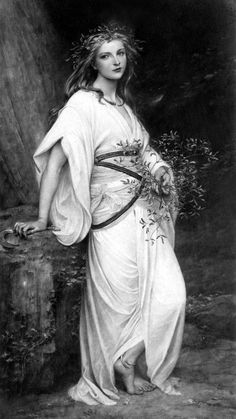 a black and white photo of a woman with flowers in her hair wearing a dress