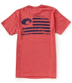 From Costa&#x2C; this tee features:Crew neckline short sleevesCosta logo on front left chestAmerican flag with Costa logo incporporated in graphic on backsquare hemring-spun USA cottonpolyester/cottonmachine washImported. Cotton Crew Neck T-shirt With Flag Print, Red Short Sleeve Tops Made In Usa, Short Sleeve Cotton Tops Made In Usa, Short Sleeve Tops, Relaxed Fit, Made In Usa, Casual Short Sleeve Shirt Made In Usa, Casual Tri-blend Tops Made In Usa, Relaxed Fit Short Sleeve T-shirt With Flag Print, Relaxed Fit T-shirt With Flag Print, Cotton Flag Print Crew Neck T-shirt