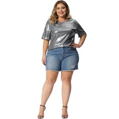 Get ready to shine and make a statement at festivals and concert carnivals with these Metallic Holographic Shimmer Tops. Designed to catch the light and turn heads, these tops are perfect for creating trendy and eye-catching festival outfits that will make you stand out from the crowd. The short sleeves of these tops not only provide a comfortable and breathable option for outdoor events but also showcase your style. Stay cool and comfortable while looking effortlessly stylish. Versatility is a Trendy Halloween Party Tops, Metallic Tops For Club During Party Season, Metallic Tops For Club And Party Season, Trendy Metallic Tops For Party Season, Disco Style Crew Neck Party Tops, Casual Metallic Party Tops, Metallic Club Tops For Summer, Metallic Tops For Club In Summer, Metallic Tops For Summer Clubbing