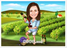 a caricature of a woman holding a bottle of wine in front of a vineyard