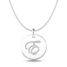 "E" 14K White Gold Script Engraved Initial  Disk Pendant - JewelryAffairs  - 1 Open Circle Necklace, Gold Initial Pendant, Bohemian Outdoor, Diamond Bar Necklace, Engraved Initials, Bar Pendant Necklace, Letter Pendant Necklace, Round Pendant Necklace, Disc Pendant