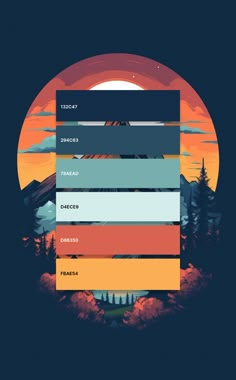 an image of a sunset with mountains and trees in the background, as well as text on