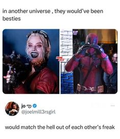 if only these two met... (NOT MiNE: all credits to original owner) Movie Nerd Aesthetic, Harley Quinn And Deadpool, Superhero Aesthetic, Marvel Collection, Best Superhero, Dc Memes, Dc Movies, Deadpool Wolverine, Marvel Jokes