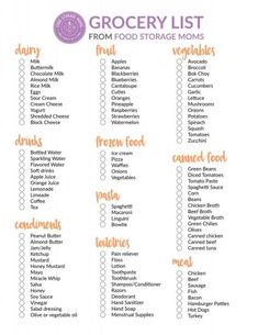 grocery list with the words grocery list from food storage moms in orange and purple