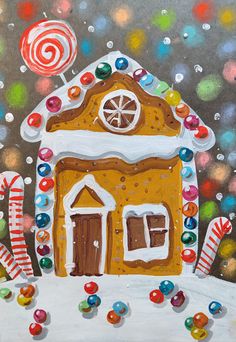 a painting of a gingerbread house with candy and lollipops on it