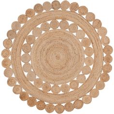 a round rug with circles in the center on a white background, it is made out of jute