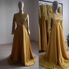 two pictures of dresses on mannequins with gold sequins