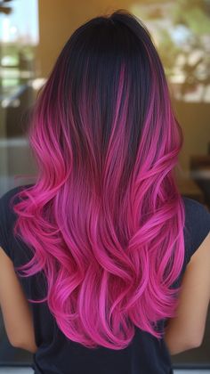 Style your hair with magenta pink ombre for a vibrant contrast with tan skin. Visit our page for tips on achieving this stunning color. Save this pin for ombre inspiration! Tags: #MagentaPinkOmbre #HairColor #TanSkin Ombre Hair Color Vivid, Pink And Purple Ombré Hair, Multi Color Ombre Hair, Black Pink Ombre Hair, Fun Winter Hair Colors, Magenta Hair Ombre, Brown Hair With Vivid Color, Fusha Hair, Pink Hair Ideas Brunettes