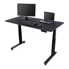 a computer desk with two monitors and a laptop on it's stand, sitting in front of a white background