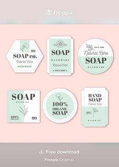 soap labels and stickers are shown on a pink background with the text free printable