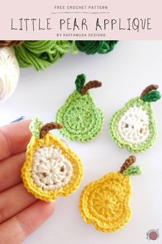 crochet little pear applique is shown in three different colors