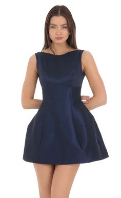 High Neck Open Back Flare Dress in Navy Dress Semi Formal, Upf Clothing, Taffeta Fabric, Casual Day Dresses, Semi Formal Dresses, Straight Dress, Junior Bridesmaid Dresses, Fabulous Dresses, Date Night Dresses