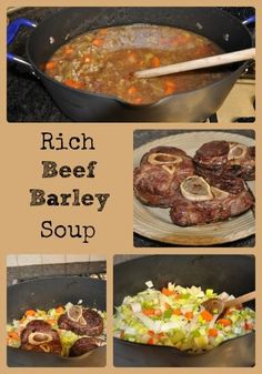 the recipe for beef barley soup is shown in four different pictures, including meat and vegetables