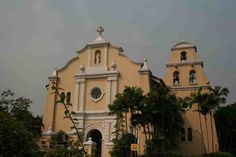 an old church with two bell towers and palm trees in the foreground on a cloudy day