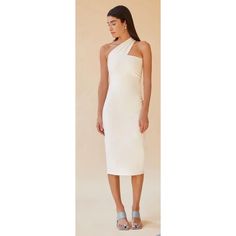 White Body On Dress That Can Be Dressed Up Or Down. Dress Is Extremely Flattering And Looks Very Classy On. Would Be Perfect For Rehearsal Dress, Bachelorette Dinner, Or Shower. White Midi Dress With Asymmetrical Neckline For Summer, White Stretch Midi Dress For Cocktail, Fitted Dress With Asymmetrical Neckline For Spring, Elegant Stretch Dress For Brunch, White Midi Dress With Asymmetrical Neckline For Night Out, White Chic Midi Dress With Asymmetrical Neckline, White Fitted Midi Dress With Asymmetrical Neckline, One-shoulder Bodycon Midi Dress For Brunch, Bodycon One Shoulder Midi Dress For Brunch