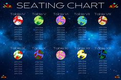 the seating chart for an event with colorful balls and stars in the sky above them