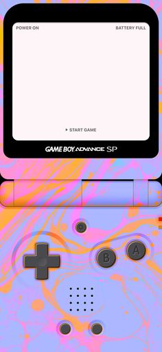 the nintendo game boy advance is displayed on a colorful background with an empty screen for text