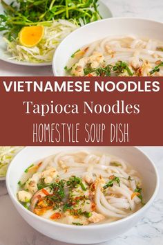 vietnamese noodle soup with noodles and vegetables in white bowls