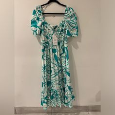 Floral Summer Midi Dress. New With Tags Casual Turquoise Maxi Dress For Spring, Spring Turquoise Floral Print Dress, Chic Turquoise Dress For Beach, Chic Turquoise Dress For The Beach, Turquoise Midi Dress For Beach In Summer, Summer Floral Print Turquoise Dress, Turquoise Summer Dress With Floral Print, Turquoise Summer Dresses With Floral Print, Turquoise Floral Print Dress For Vacation