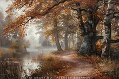 a painting of a path leading to a lake surrounded by trees in the fall season