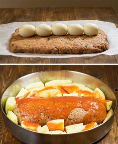 two pictures side by side one with meatloaf and the other with potatoes