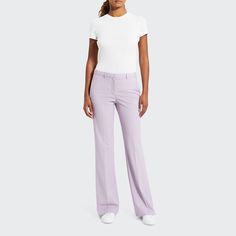 Theory "Demitria" Good Wool pants. Approx. measurements:  35" inseam; 22" leg opening; 10" front rise; 15" back rise, size 8. Mid rise; darts at back. Side slip pockets; back welt pockets. Fitted through straight legs. Full length hem. Hook/zip fly; belt loops. Wool/spandex. Care note:  Do not wash, bleach, or tumble dry. Cool iron if needed. Dry clean with any solvent except trichloroethylene. Imported. Formal Fitted Wide Leg Elastane Pants, Fitted Wide Leg Elastane Pants For Formal Occasions, Fitted Elastane Straight Leg Pants, Fitted Straight Leg Elastane Pants, Fitted Wide-leg Pants With Pressed Crease, Fitted Elastane Pantsuit, Fitted Full-length Elastane Pantsuit, Stretch Wide Leg Full-length Pants With Welt Pockets, Stretch Pants With Pressed Crease And Tapered Leg